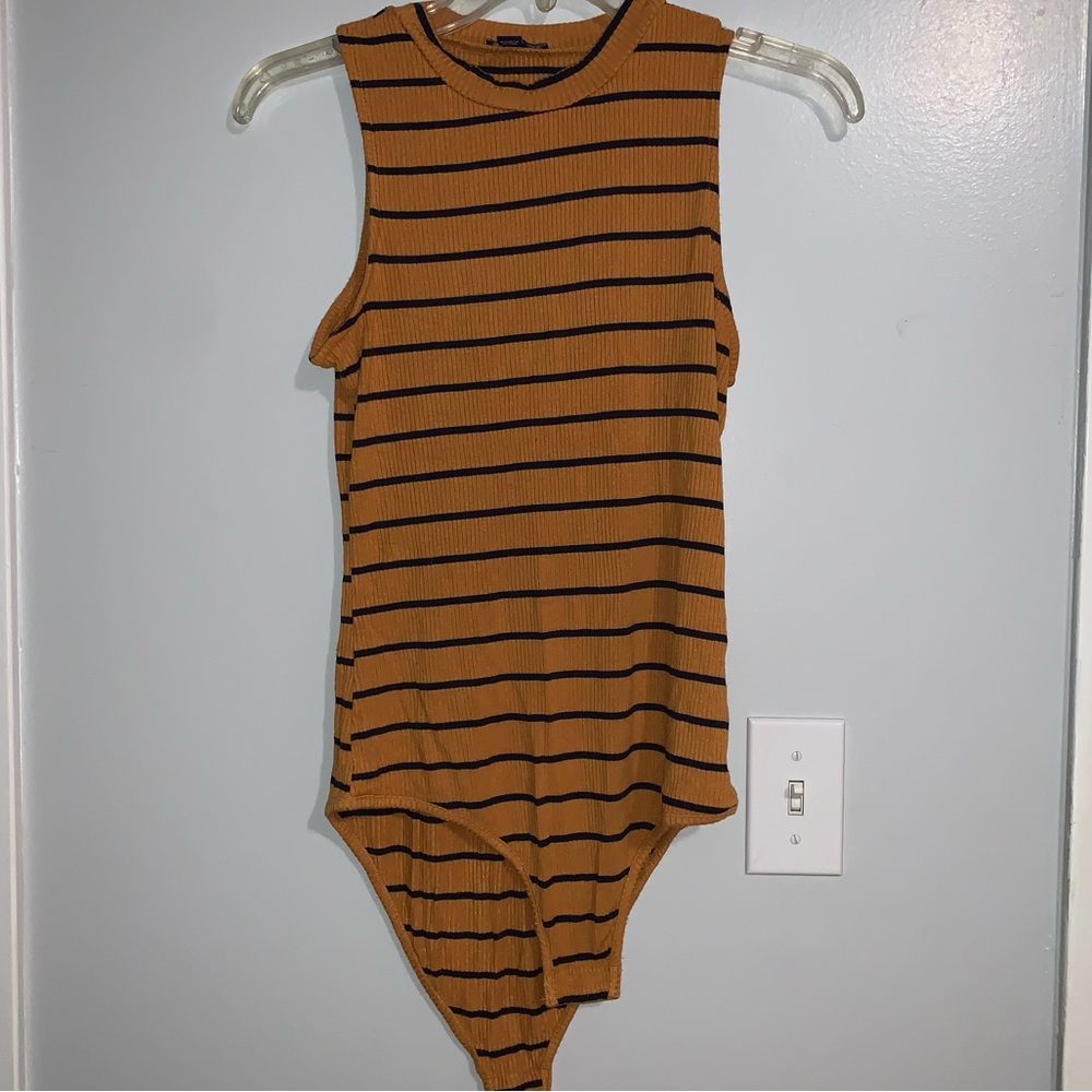 Mustard Yellow/Navy Blue Ribbed High Neck Bodysuit